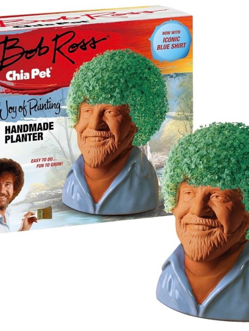 Bob Ross Chia Pet Planter with Green 'Afro' Growth